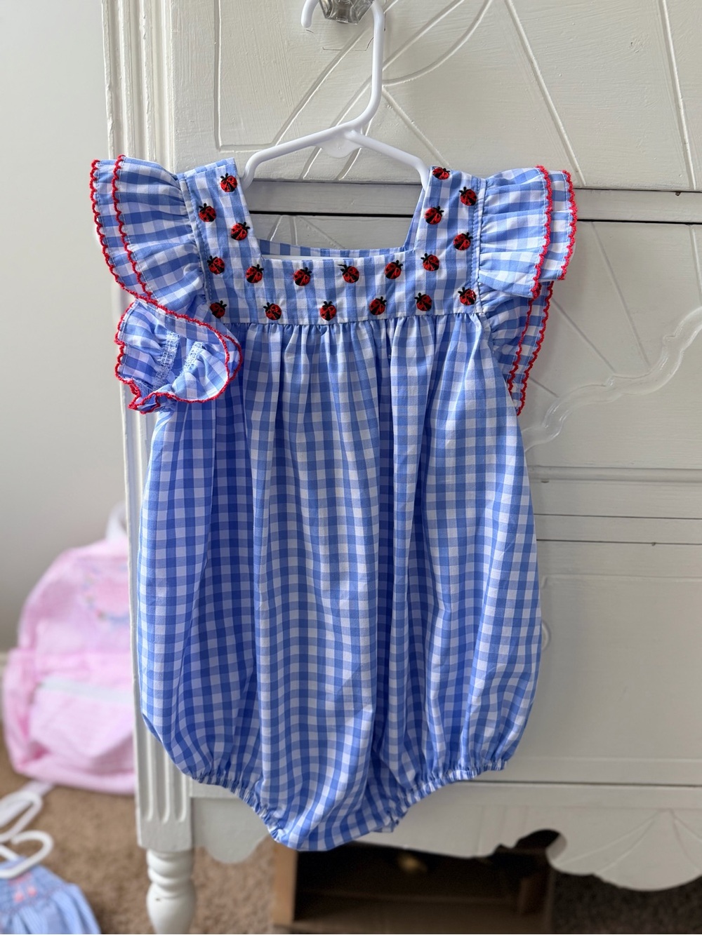Whimsy Bay 18M Blue Gingham Baby Romper with Red Trim and Ladybug Embroidery